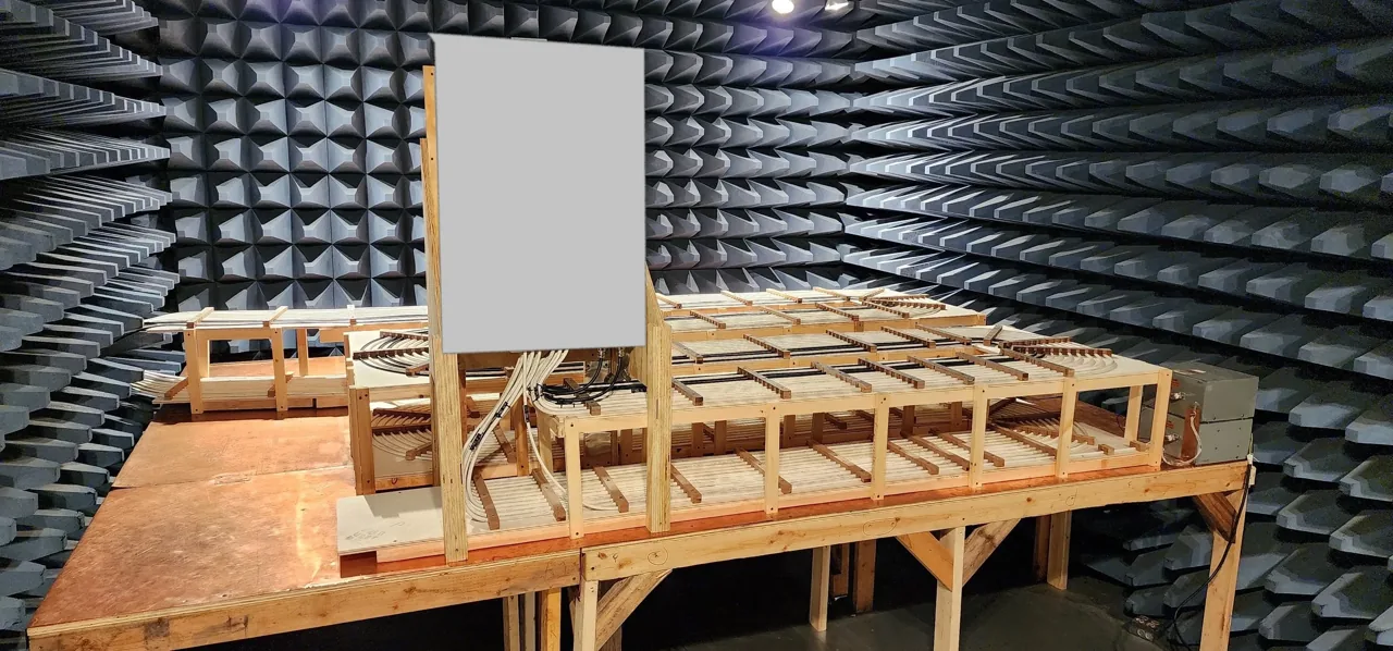 Large multi-bench EMI test setup inside a cone-foam shielded chamber