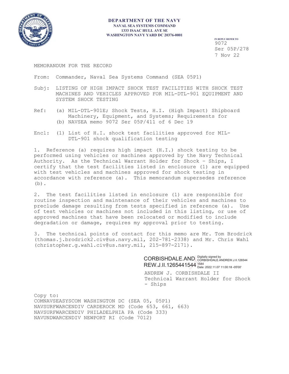 NAVSEA memorandum dated 7 November 2022 certifying the list of Navy-approved high-impact shock test facilities